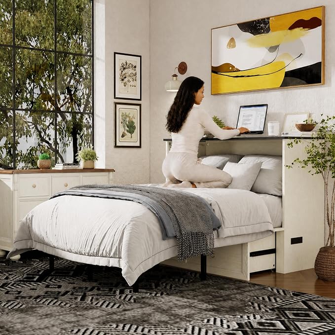 Ihanherry Full Murphy Bed with Storage Drawer, Farmhouse Cabinet Bed with LED Lights & Charging Station, Space Saving Wall Bed for Small Bedroom/Home Office, Noise Free & Easy Assembly, Rustic White