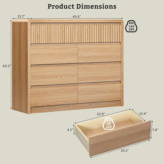LYNSOM 8 Drawer Dresser for Bedroom, 50" Wide Fluted Dresser with Curved Corners, Wood Dressers & Chests of Drawers with Dual-Panel Design for Bedroom, Entryway, Oak