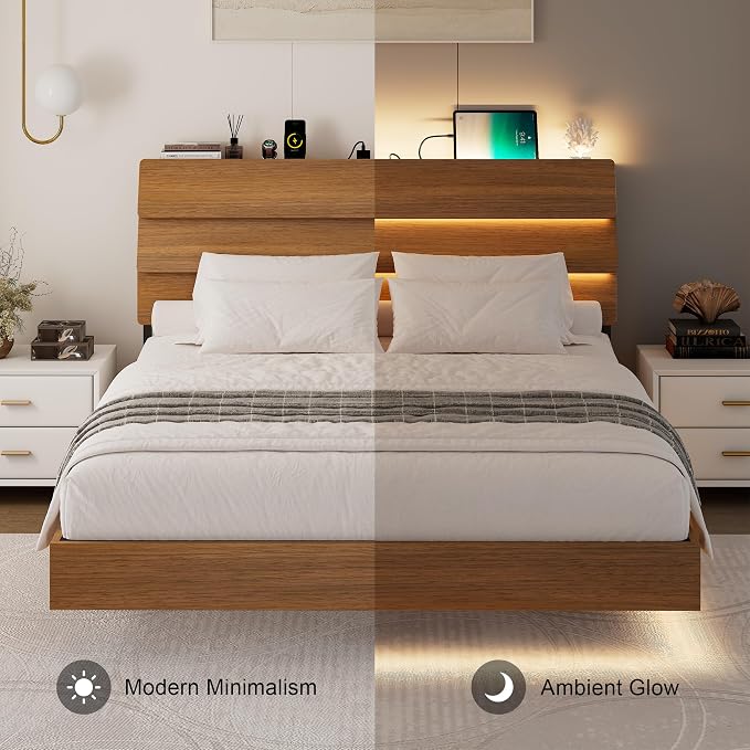 Feonase Floating Bed Frame Full with Led Lights and Charging Station, Wood Full Size Bed Frame with Storage Headboard, Heavy Duty Metal Slats, No Box Spring Needed, Easy Assembly,Walnut
