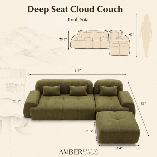 118'' Modular Sectional Cloud Couch Boneless Couches, Oversize Curved Sectional Couches for Living Room, Deep Seat Couch Lambswool Sofa with Ottoman & Throw Pillows, No Assembly, HR Foam