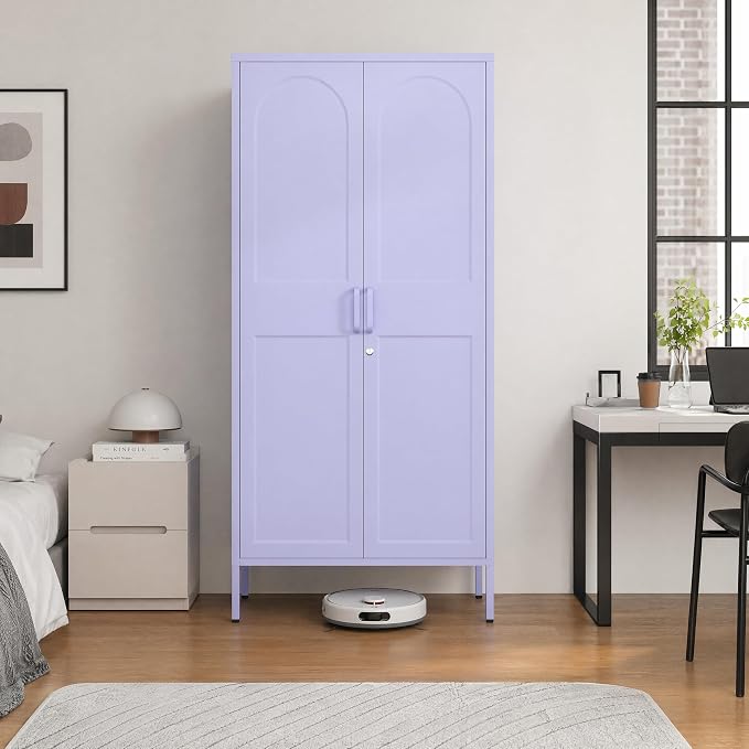 Metal Wardrobe with Lock 67"Clothing Steel Storage Cabinet Locker Hanging Rod And Adjustable Shelves 2 Doors Household kids wardrobe closet Lockers For Bedroom Home Purple Size:67"H X 31.5"W X 18.1"D