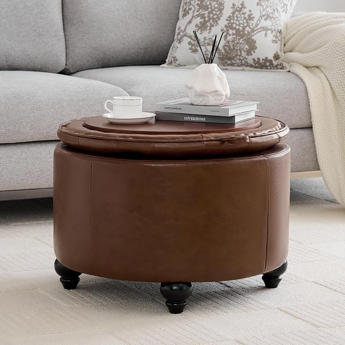 WUTUTUEE 24Inch Round Storage Ottoman with Tray, Modern Tufted Leather Circle Coffee Table with Storage, Upholstered Ottoman with Removable Top for Living Room, Bedroom, Leather Coffee