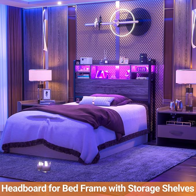 Aheaplus Headboard for Twin Size Bed with Storage, Headboards with LED Light, Power Outlets, USB Ports Twin Size Head Board, Wood headboard Only Sturdy and Stable Headboards, Modern, Black Oak