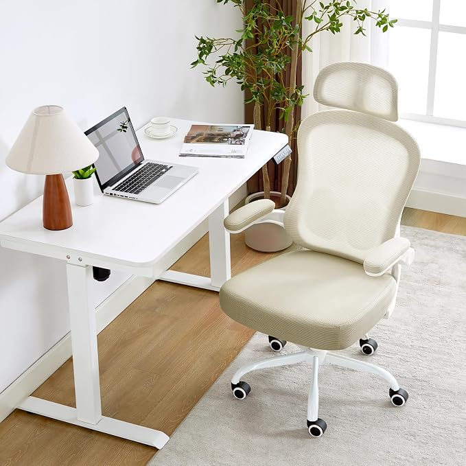 Ergonomic Office Chair,Ultra Thick Spring Cushion Desk Chair,Khaki | Adjustable Lumbar Support and Headrest,Flip-up Arms,Rocking Function,Mesh Home Office Computer Chair
