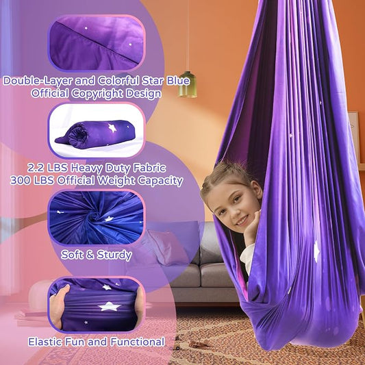 Sensory Swing for Kids and Adults Indoor & Outdoor Double Layer Therapy Cuddle Holds up to 300lbs Adjustable Hammock Chair with 360° Swivel Hanger Kit Effect for Aspergers Autism ADHD(Galaxy Purple)