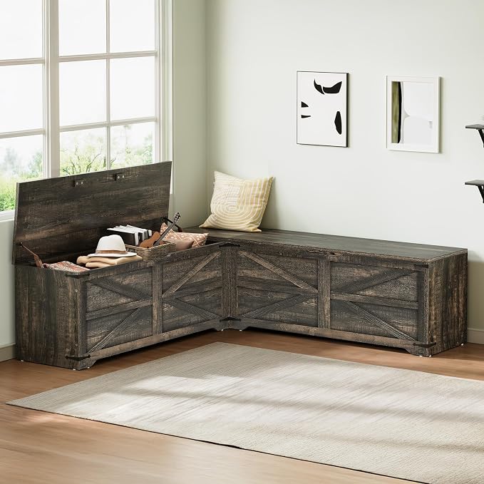 DWVO L-Shaped Storage Bench, 18" High Corner Dining Bench with Safety Hinges, Wooden Nook Chest for Living Room, Bedroom | Safety Hinges, Wooden Nook Chest for Living Room, Bedroom