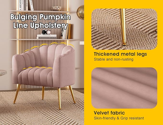 Dewhut Oversized Pumpkin Couch Accent Chair, Modern Comfy Velvet Upholstered Barrel Chairs, Luxury Single Sofa Armchair for Living Room, Waiting Room, Office and Vanity, (Pink)