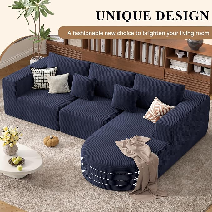 L-Shaped Boneless Couch,104" Couches for Living Room with Curved Chaise,Modular Sectional Sofa with Deep Seat,Modern Cozy Cloud Compression Sofas,No Assembly Required(Blue) 1PCS
