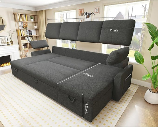 PaPaJet 110 Inch Sleeper Sofa, Oversized Pull Out Couch with Double Storage Chaise,U Shape Couches for Living Room-Dark Gray Boucle