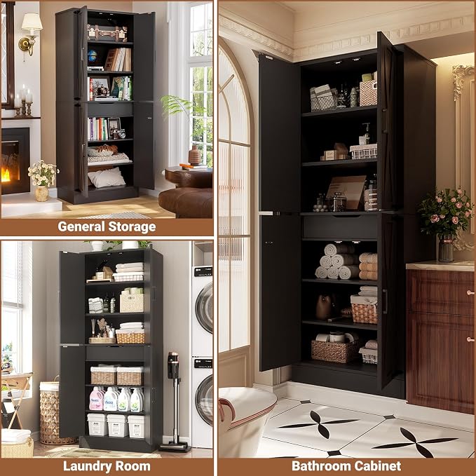 Unikito Black 71" Tall Kitchen Pantry Cabinet, Hidden Drawer and Farmhouse Barn Doors, 4 Adjustable Shelves, Freestanding Cupboard for Kitchen, Dining Room, Living Room, Utility Room