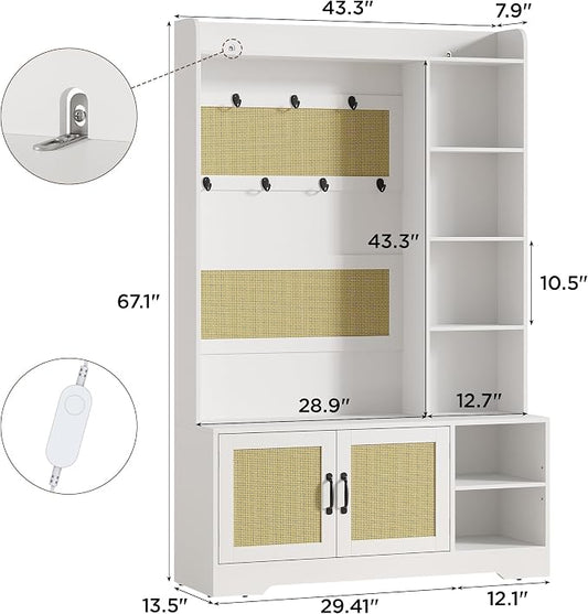 Maupvit 67" Tall Modern Boho Hall Tree with Bench and Shoe Storage, Entryway Fluted Coat Tree, Mudroom Bench with Rattan Door, 7 Coat Hooks, Adjustable LED Light for Garage, Halls,Rustic White