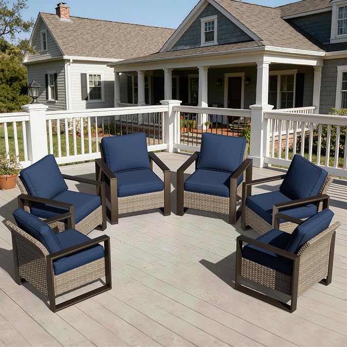 Joyside Outdoor Patio Chairs Set, 6 Pieces Wicker Rattan Chairs with Metal Wide Armrest, Thick Cushions and Deep Seating for Garden, Backyard, Porch, Deck