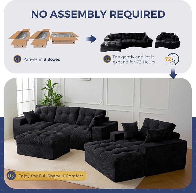MAXYOYO Sectional Sofa Couch and Chaise Lounge, L Shaped Modern Cloud Couch with Ottoman, Comfy Tufted Upholstered Couch with Layered Cushion for Living Room, No Assembly Required, Black