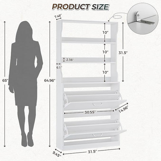 IRONCK Tall Shoe Cabinet with 2 Flip Drawers, Narrow Hidden Shoe Storage Cabinet with Shelves, Slim Freestanding Shoe Organizer for Entryway, Hallway, White