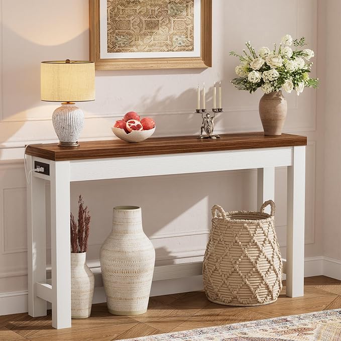 Cyclysio 47" Console Table with Charging Station, 13.8" Deep Farmhouse Sofa Table Behind Couch with 2 AC Outlets & 3 USB Ports, Entryway TV Console or Compact Home Office Desk, Rustic Oak