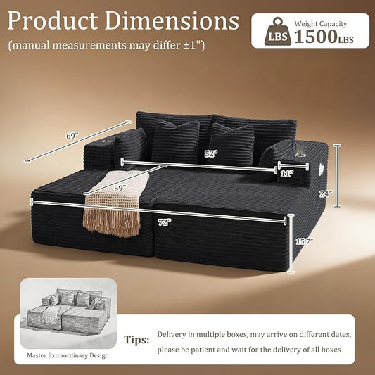 72" Cloud Sectional Couch, Comfort Sleep Sofa for Living Room, Extra Deep Seats No Assembly, Minimalist Modular Couch, Corduroy (Black, Loveseat Chaise)