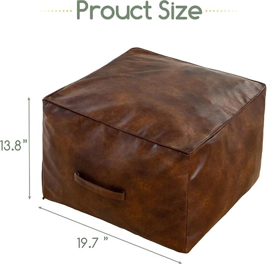 HIGOGOGO Square Stuffed Pouf Ottoman, Pu Leather Poufs with Foam Chunk Filling, Furry and Fluffy Pouf Foot Stool Storage Ottoman,20 X 14 Inches Floor Poufs Foot Rest for Living Room, Dark Brown