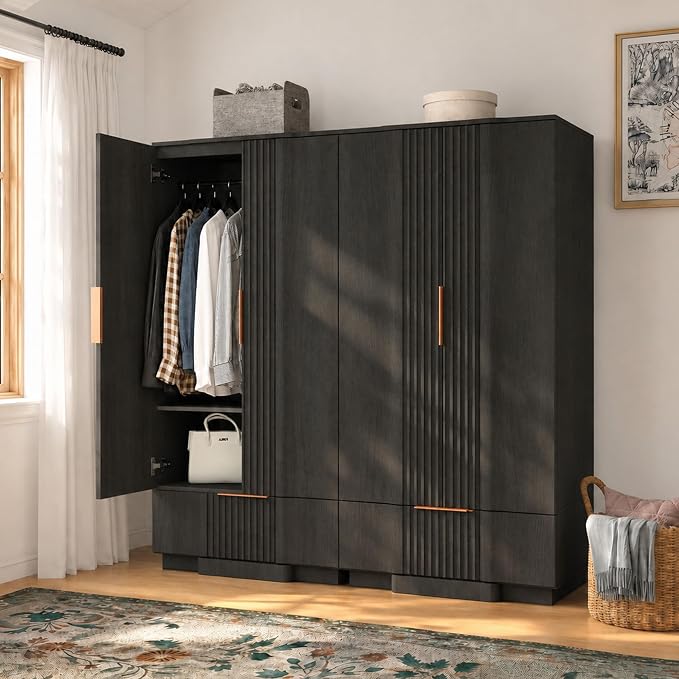 Yechen 67" Fluted Armoire Wardrobe Closet with Doors and Drawer, Wooden Wardrobe Closet Cabinet with Adjustable Shelve, Modern Small Armoires Storage Clothes, Coats for Bedroom, Black