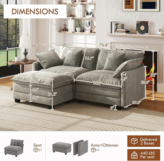 WorthFurni 77 Inch L Shape Cloud Sofa, Modular Sectional Couch with Ottoman, Comfy Chenille Deep Seat Loveseat with Pillow for Living Room Bedroom Apartment (Grey)