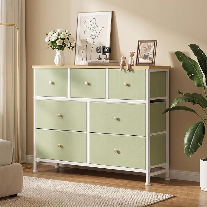 OLIXIS 7 Drawer Dresser for Bedroom, Tall Fabric Storage Tower with Sturdy Steel Frame and Wooden Top, Large Dresser for Living Room Entryway with Easy Pull Fabric Bins,Light Green