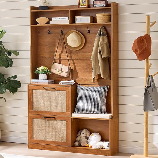 LEYAOYAO 78" Tall Boho Hall Tree with Bench & Shoe Storage, 4-in-1 Mudroom Coat Rack with 2 Flip Rattan Drawers & Cushioned Stool, Entryway Hall Tree Cabinet with 6 Hooks for Garage, Tea Brown