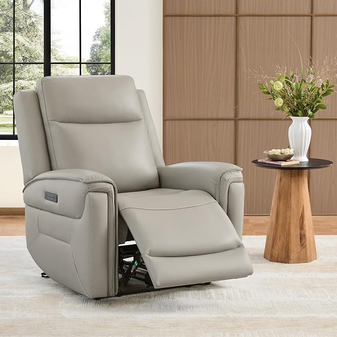Watson & Whitely Super Zero Gravity Power Recliner Chair with Power Headrest, Genuine Leather Recliner with USB & Type-C Ports, Electric Reclining Sofa Chair for Living Room, Bedroom, Light Grey