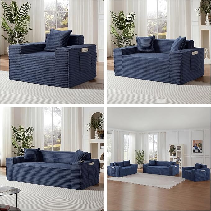 Boneless Sectional Sofa Couch with Cup Holders & Side Pockets, Modern Corduroy Fabric Deep Seat 3-seat Cloud Couch for Living Room Office, No Assembly (Blue)