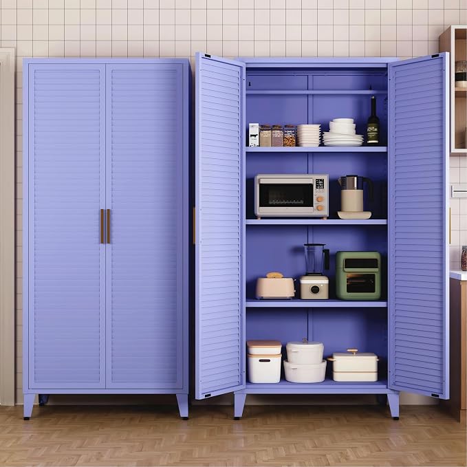 61" Tall Purple Kitchen Pantry Cabinet, Farmhouse Metal Pantry Storage Cabinets, with 2 Louvered Door and 3 Adjustable Shelves, Multipurpose Storage Organizer, for Home, Entryway, Kids Room