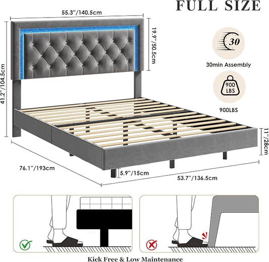 Garvee Floating Bed Frame Full Size with Smart Led Lights, Upholstered Platform Bed with Diamond Headboard, Solid Wood Slats Support, No Box Spring Needed, Noise-Free, Easy Assembly, Grey