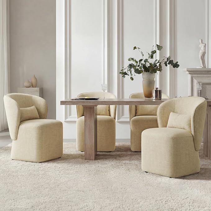KISLOT Upholstered Dining Chairs with Wheels, Easy Assembly Stain Resistant Fabric Modern Barrel Armchair with Lumbar Cushion, Dining Room Chairs for Kitchen Living Room Bedroom, Sand, Set of 1