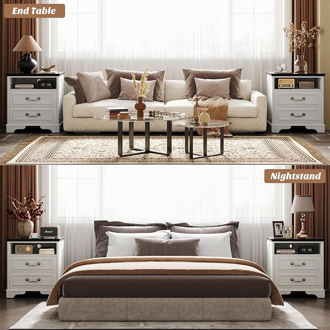 Unikito Farmhouse Nightstand with Charging Station, Bedside Table with 2 Large Drawers & Vintage Handles, Side Table with Open Storage for Bedroom (Antique White)
