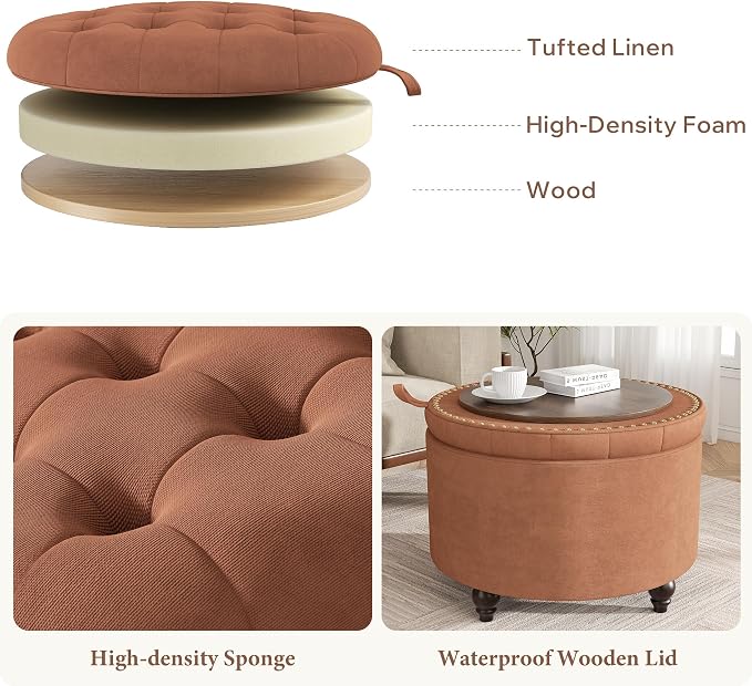 24 Inch Round Storage Ottoman,Modern Tufted Ottomans,Circular Coffee Table with Removable Top,Upholstered Large Ottoman with Storage Footrest Stool for Bedroom Living Room (Orange)
