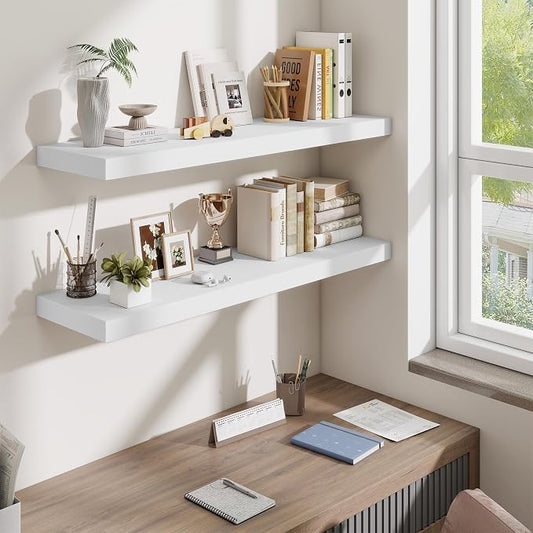 Fun Memories Floating Shelves Set of 3, 40 Inch Long Wooden Wall Shelves, 10 Inch Deep Wall Mounted Storage Shelf with Metal Brackets for Living Room, Bathroom, Bedroom and Kitchen, White