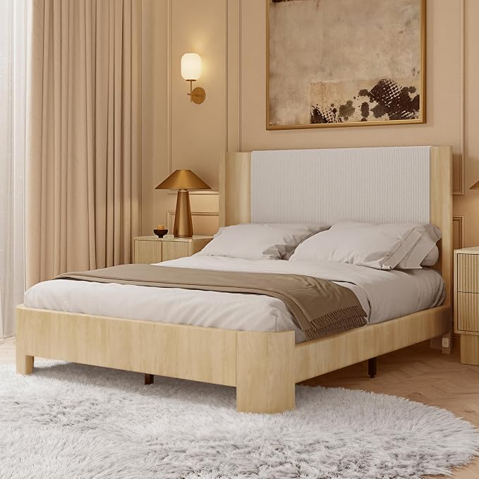 Queen Size Upholstered Platform Bed Frame with Wingback Headboard, Motion-Sensing LED Lights, Sturdy Slats, Mattress-Lock Footboard, PU Leather,No Box Spring Needed, Easy Assembly, Whitewashed Oak