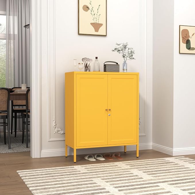 Metal Storage Locker with Djustable Shelves 36" H Lockable Modern Lockers Home Organization Cabinet 2-Door Durable Metal Cabinet for Bedroom Entrance Yellow 36" H X 31.5" W X 13.8" D