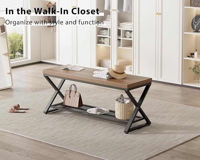 LVB Entryway Shoe Bench with Storage, 39” Entryway Bench for Foyer Hallway, Farmhouse Wood and Metal Indoor Bench for Entrance, Shoe Rack Storage Bench with Sitting for Living Room, Rustic Oak, 39 in