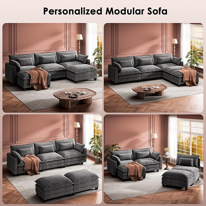 Marsail Modular Sectional Sofa 110.6" U-Shaped Modern Comfy Cloud Couch, 5-Seat Chenille Deep Seat Sofa with Throw Pillow & Movable Ottoman for Living Room, Bedroom and Apartment, Grey