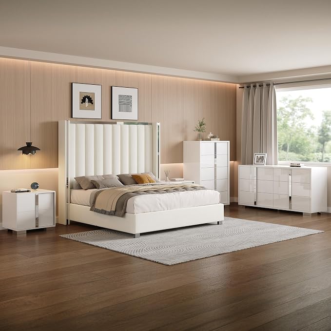AMERLIFE 3-Piece Modern Bedroom Set Queen – Cream Upholstered Bed Frame with 58" Wingback Headboard and 2 White Nightstands