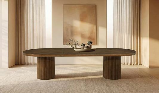 Dobby 90"-123" Extendable Oval Wooden Dining Table, Brown | Mid Century Modern, Double Pedestal Base, For 6 People, Large