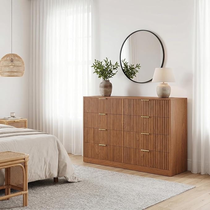 8 Drawer Dresser for Bedroom, 55" Wide Fluted Chest of Drawers with Gold Metal Handles, Modern Wooden Dresser, Closet Storage Organizer Mid Century TV Stand for Living Room Hallway Light Walnut