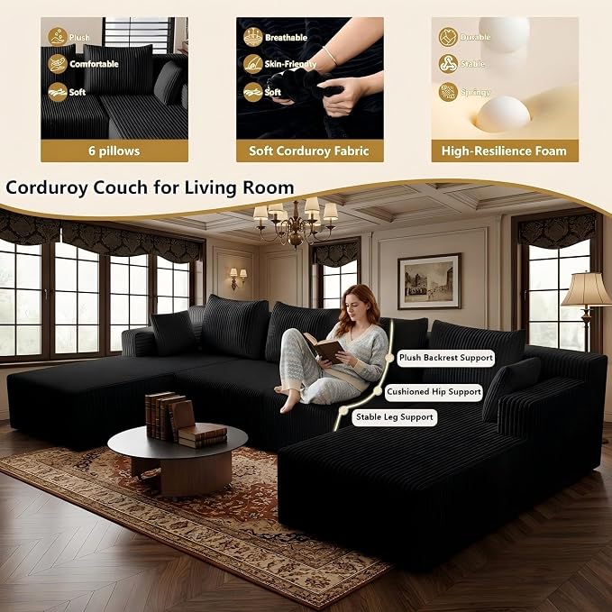 142" Oversized Cloud Modular Sectional Sofa Boneless Couches with Double Chaise Lounge and Deep Seat, Fluffy Corduroy Upholstered Compressed Lounge Sofa & Couches for Living Room