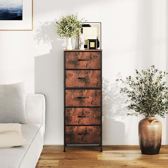 DUMOS Nightstand with 5 Drawers, Bedside Table with Removable Fabric Bins, Sturdy Steel Frame Wood Top Skinny Dresser for Bedroom Closet Living Room, Brown