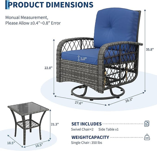 Garvee 3 Pieces Patio Furniture Set, Outdoor Swivel Glider Rocker Set w/Washable Cushion and Tempered Glass Tabletop, Conversation Furniture for Deck Porch Balcony Backyard Garden,Gray & Blue
