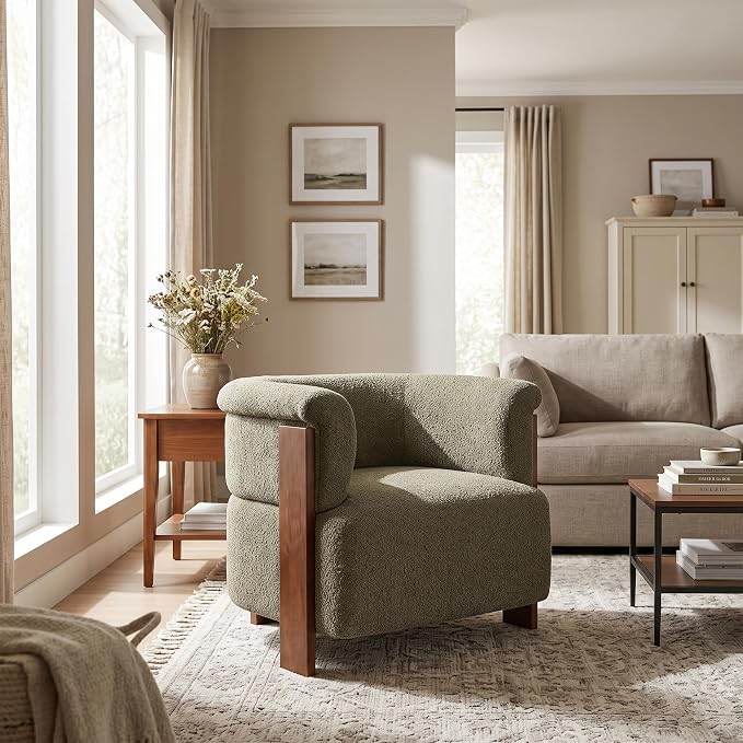 Merax 31.7" Mid-Century Teddy Fleece Barrel Accent Chair, Green | Green Teddy Fleece Upholstered Armchair, Modern Wraparound Lounge Chair for Living Room, Bedroom, Entryway