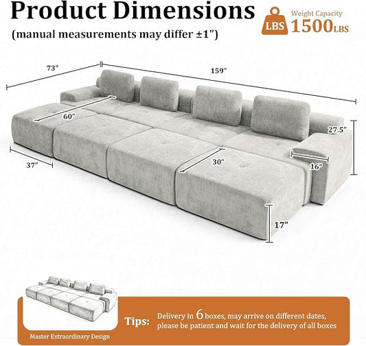 159" Oversized Boneless Couch, Comfort Cloud Sectional Couches for Living Room, Modular Sofa High Back & Extra Deep Seat, No Assembly, Soft Chenille Fabric (Light Grey, 159 inch-(4+4))