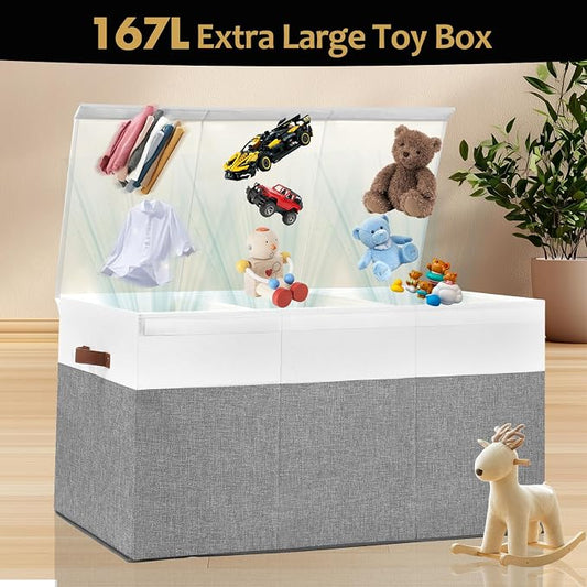 Gowee Extra Large Toy Storage Box with Lid, Sturdy Toys Storage Chest Bin Organizer Basket with Dividers for Kids, Boys, Girls, Nursery, Closet, Bedroom, Playroom 35.5"x17" x17"(Grey and White)