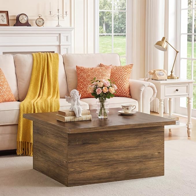 HUAHUU 31.5" Lift Top Coffee Table, 4 in 1 Square Coffee Table with Storage, Center Table with Lifting Top & Large Hidden Storage Compartment for Living Room, Home Office, Walnut