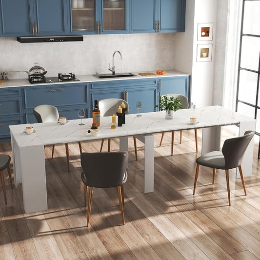 Transformer Table, Extendable Dining Table for 2-12 People, Marble White