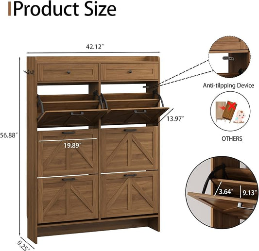 Shoe Cabinet with 6 Flip Drawers & 2 Top Drawers, 57" Tall Freestanding Narrow Wooden Shoe Storage Organizer for Entryway, Hidden Slim Shoe Rack for Front Door Entrance, Hallway, Living Room, Walnut