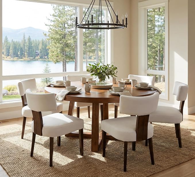 RIVOVA Set of 6 Modern Dining Chairs, Farmhouse Velvet Upholstered Dining Room Chairs Kitchen Chairs Side Armless Chairs with Curved Backrest Wood Legs, Cream